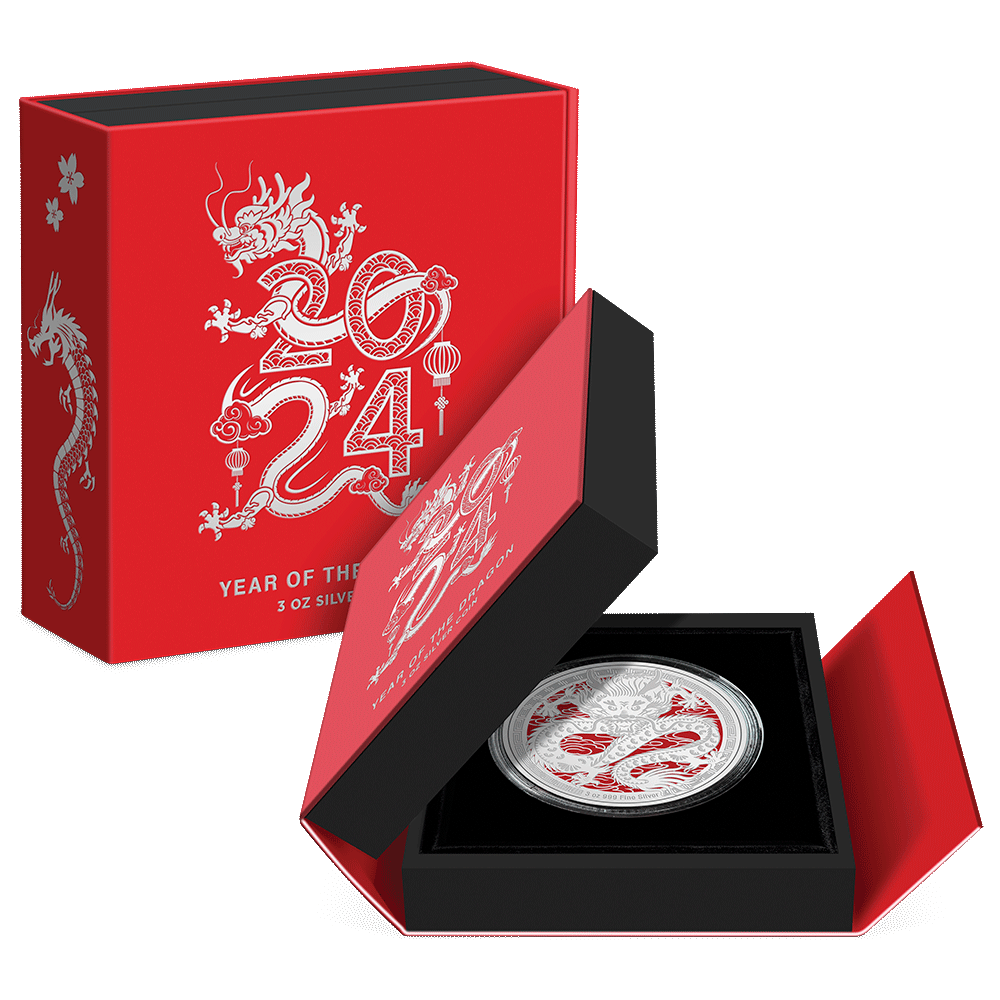 Lunar – Year of the Dragon 2024 3oz Silver Coin Featuring Custom Book-Style Packaging with Printed Coin Specifications. 