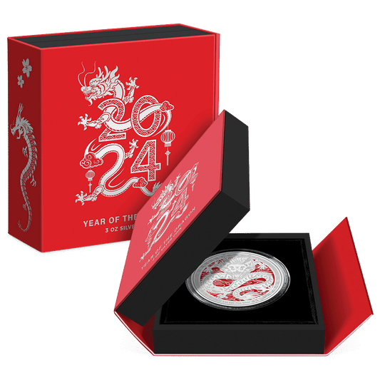 Lunar – Year of the Dragon 2024 3oz Silver Coin Featuring Custom Book-Style Packaging with Printed Coin Specifications. 