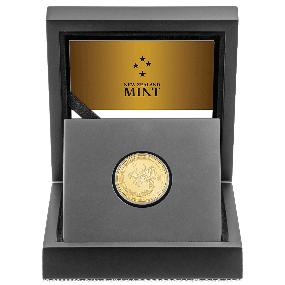 Lunar – Year of the Dragon 2024 1/4oz Gold Coin with Custom Designed Wooden Box with Display Ledge.