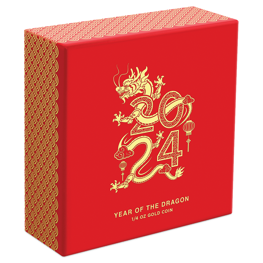 Lunar – Year of the Dragon 2024 1/4oz Gold Coin Featuring Custom-Designed Outer Box and Imagery. 