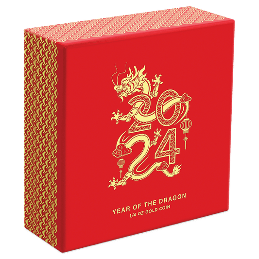 Lunar – Year of the Dragon 2024 1/4oz Gold Coin Featuring Custom-Designed Outer Box and Imagery. 