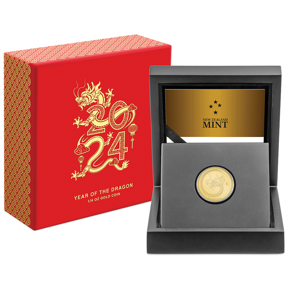 Lunar – Year of the Dragon 2024 1/4oz Gold Coin with Custom-Designed Wooden Box with Certificate of Authenticity Holder and Viewing Insert. 