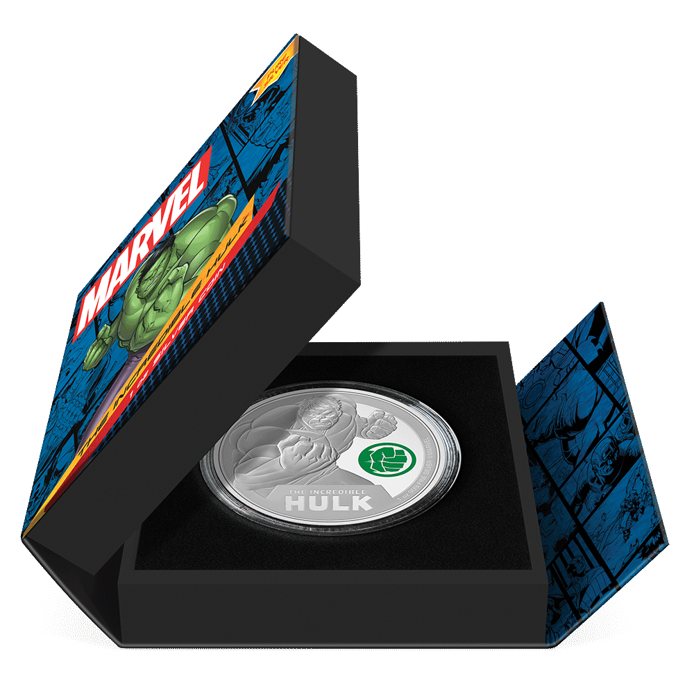 Marvel The Incredible Hulk 1oz Silver Coin  Featuring Book-style Packaging With Custom Velvet Insert to House the Coin.