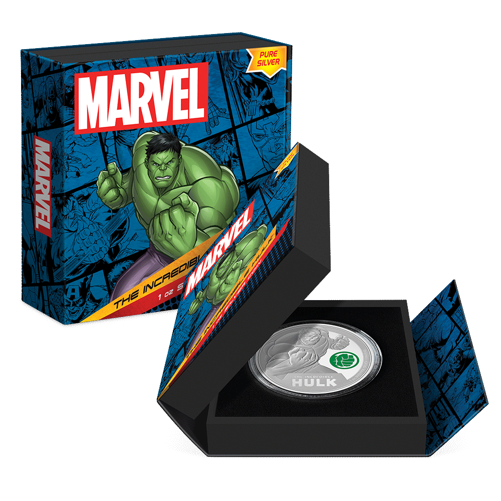 Marvel The Incredible Hulk 1oz Silver Coin  Featuring Custom-designed Book-style Packaging with Coin Insert and Certificate of Authenticity.