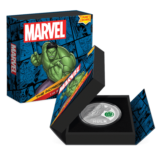 Marvel The Incredible Hulk 1oz Silver Coin  Featuring Custom-designed Book-style Packaging with Coin Insert and Certificate of Authenticity.