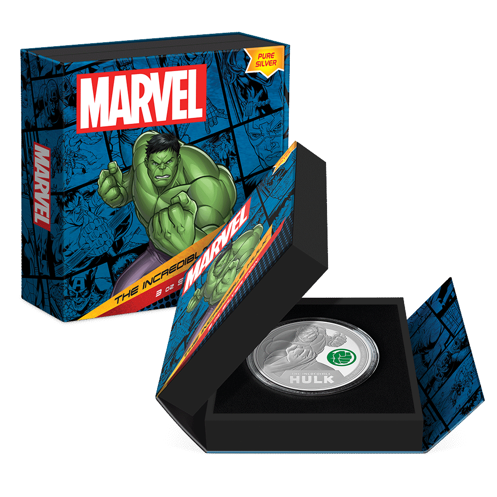 Marvel The Incredible Hulk 3oz Silver Coin  Featuring Custom-designed Book-style Packaging with Coin Insert and Certificate of Authenticity.