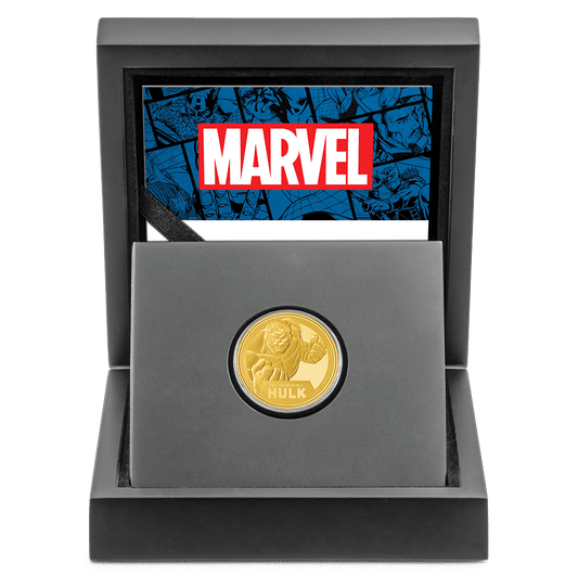Marvel The Incredible Hulk 1/4oz Gold Coin With Custom Wooden Display Box and Velvet Insert to House the Round Coin. 