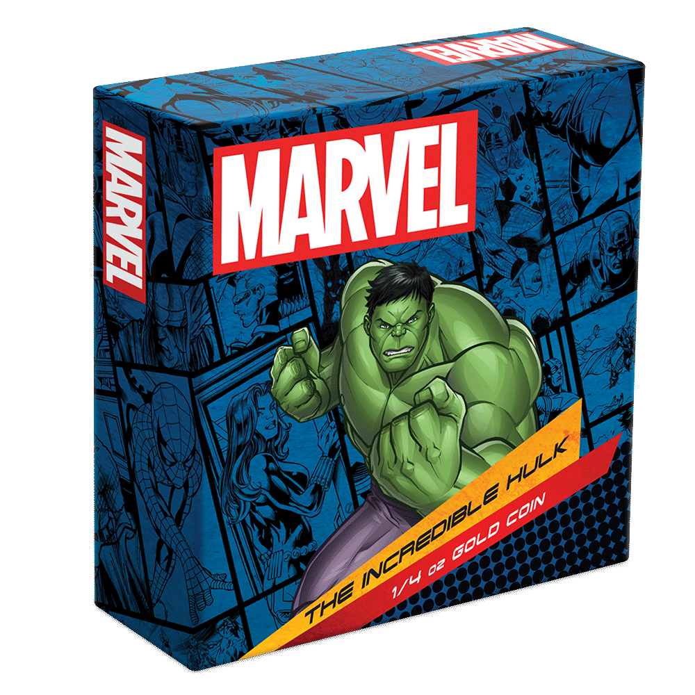 Marvel The Incredible Hulk 1/4oz Gold Coin Featuring Custom-Designed Outer Box With Brand Imagery. 