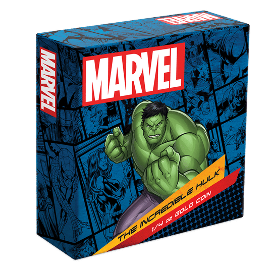 Marvel The Incredible Hulk 1/4oz Gold Coin Featuring Custom-Designed Outer Box With Brand Imagery. 