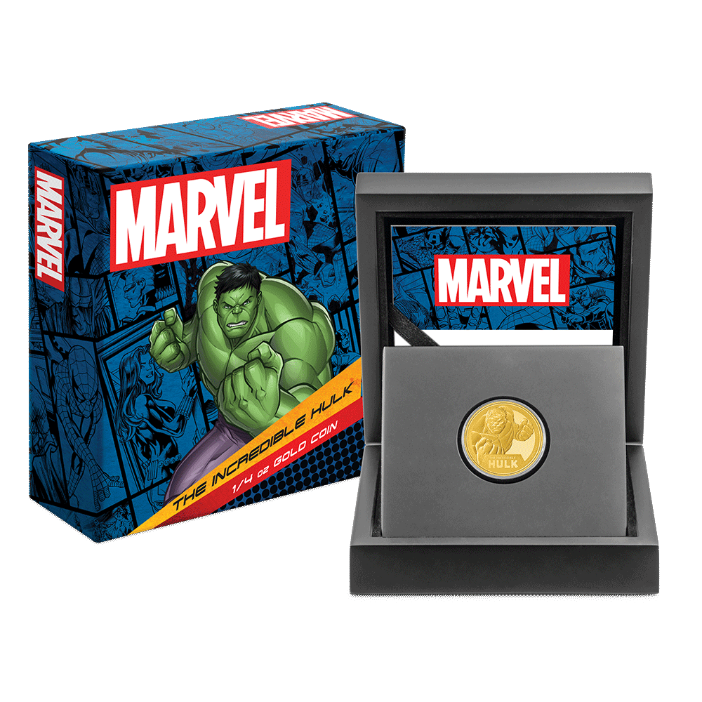 Marvel The Incredible Hulk 1/4oz Gold Coin  With Custom Wooden Display Box and Outer Box Featuring Brand Imagery and Certificate of Authenticity.