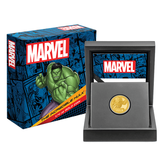 Marvel The Incredible Hulk 1/4oz Gold Coin  With Custom Wooden Display Box and Outer Box Featuring Brand Imagery and Certificate of Authenticity.