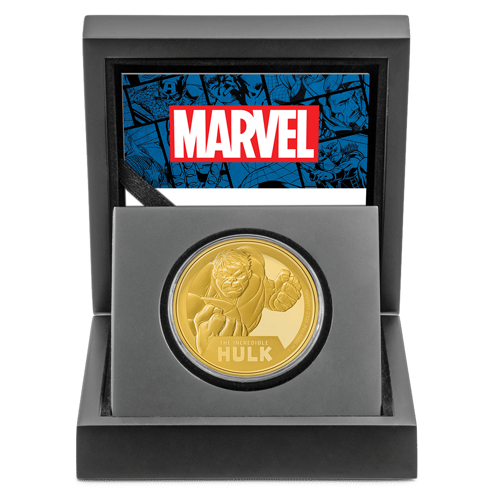 Marvel The Incredible Hulk 1oz Gold Coin With Custom Wooden Display Box and Velvet Insert to House the Round Coin.