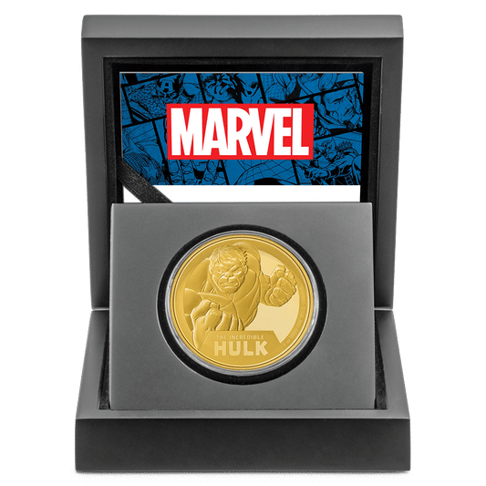 Marvel The Incredible Hulk 1oz Gold Coin With Custom Wooden Display Box and Velvet Insert to House the Round Coin.