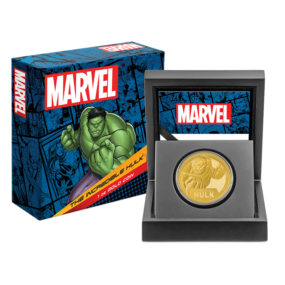 Marvel The Incredible Hulk 1oz Gold Coin With Custom Wooden Display Box and Outer Box Featuring Brand Imagery and Certificate of Authenticity.