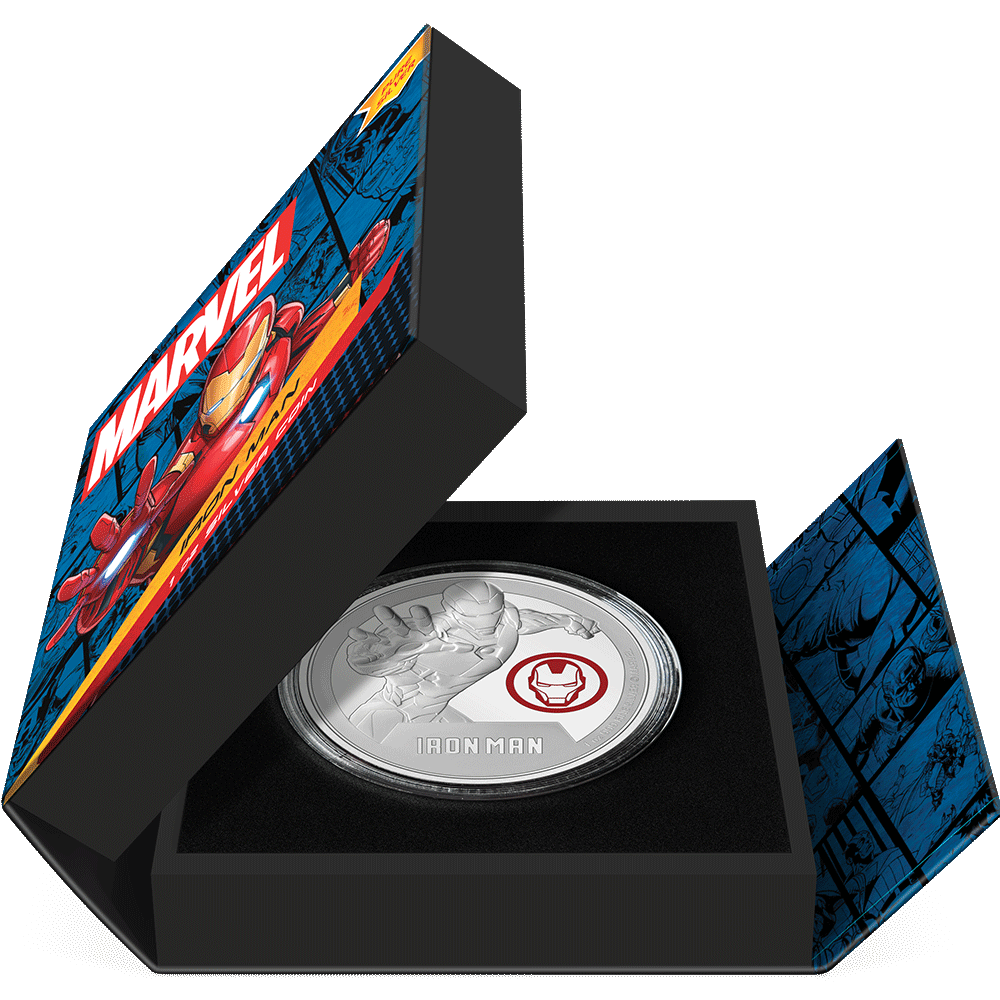 Marvel Iron Man 1oz Silver Coin Featuring Book-style Packaging with Coin Insert and Certificate of Authenticity Sticker and Coin Specs.