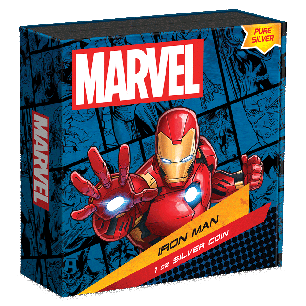 Marvel Iron Man 1oz Silver Coin Featuring Custom Book-style Display Box With Brand Imagery.