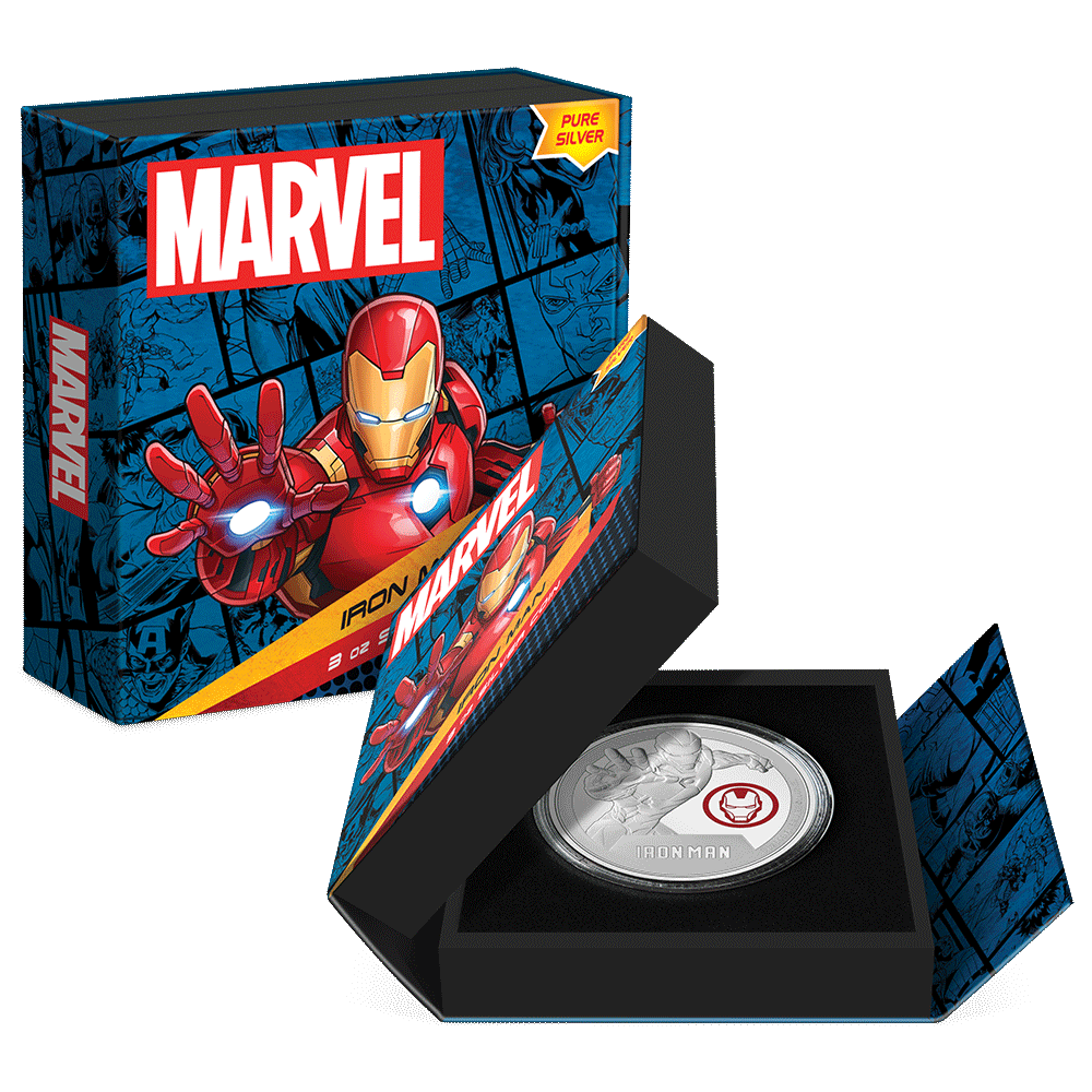 Marvel Iron Man 3oz Silver Coin Featuring Custom Book-Style Packaging with Printed Coin Specifications. 