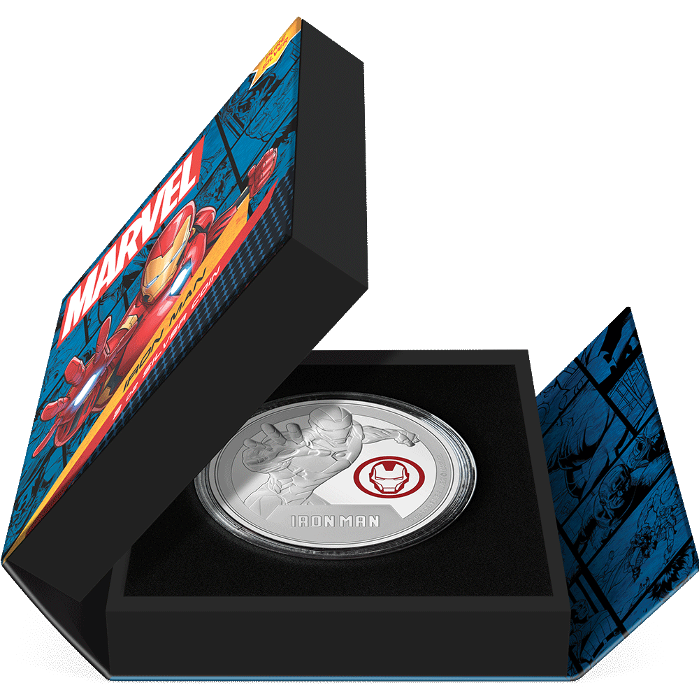 Marvel Iron Man 3oz Silver Coin Featuring Book-style Packaging with Coin Insert and Certificate of Authenticity Sticker and Coin Specs.