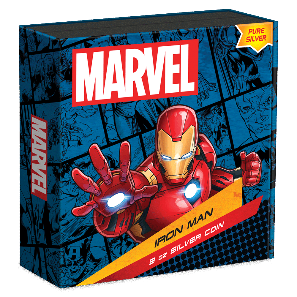 Marvel Iron Man 3oz Silver Coin Featuring Custom Book-style Display Box With Brand Imagery.