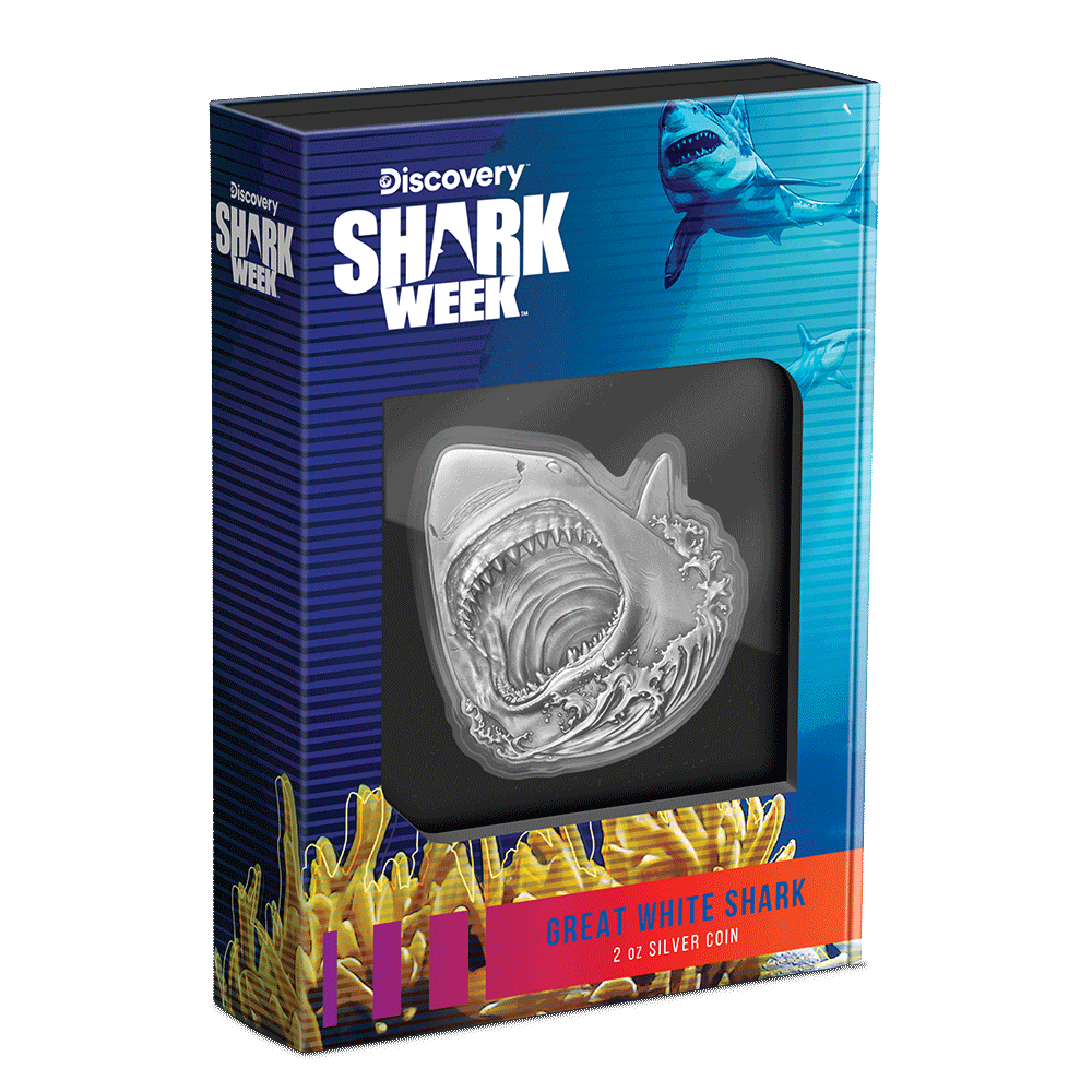 Discovery™ Shark Week™ - Great White Shark 2oz Silver Coin Featuring Custom packaging displaying Shark Week imagery.