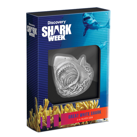 Discovery™ Shark Week™ - Great White Shark 2oz Silver Coin Featuring Custom packaging displaying Shark Week imagery.