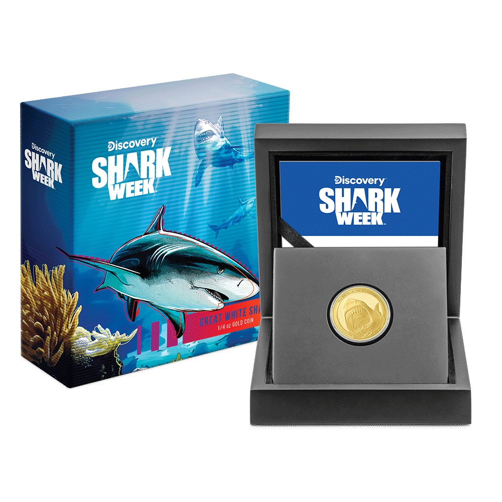 Discovery™ Shark Week™ - Great White Shark 1/4oz Gold Coin With Custom Wooden Display Box and Outer Box Featuring Imagery from the Series and Certificate of Authenticity.