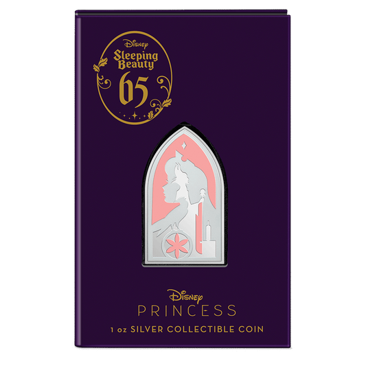 Disney Sleeping Beauty 65th Anniversary 1oz Silver Coin Featuring Custom Book-style Outer With Brand Imagery. 