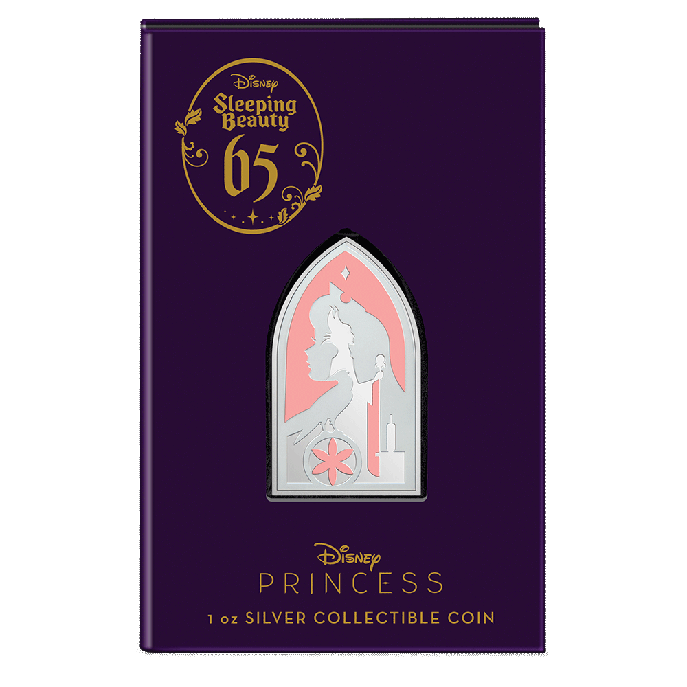 Disney Sleeping Beauty 65th Anniversary 1oz Silver Coin Featuring Custom Book-style Outer With Brand Imagery. 