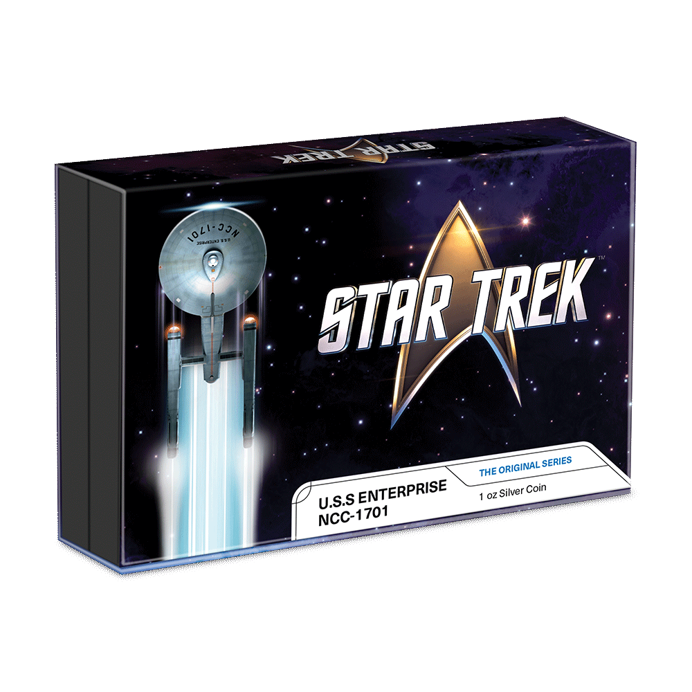 Star Trek Vehicles – U.S.S. Enterprise NCC-1701 1oz Silver Coin Featuring Custom Outer With Brand Imagery.