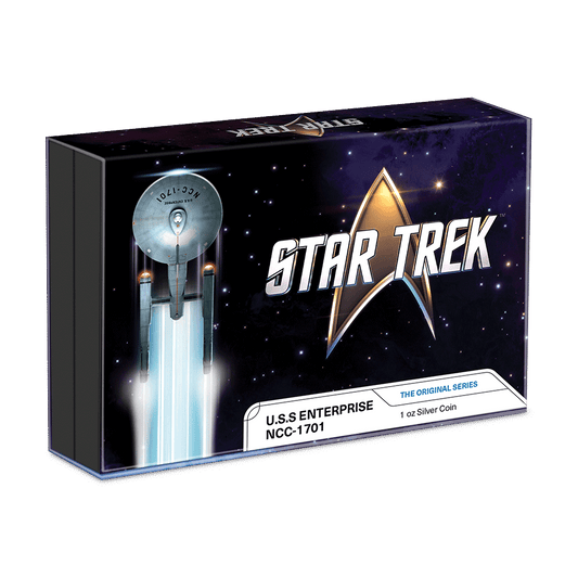 Star Trek Vehicles – U.S.S. Enterprise NCC-1701 1oz Silver Coin Featuring Custom Outer With Brand Imagery.