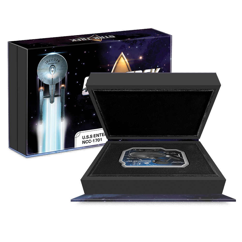 Star Trek Vehicles – U.S.S. Enterprise NCC-1701 1oz Silver Coin  Featuring Custom Packaging With Imagery and Velvet Insert to House the Coin.