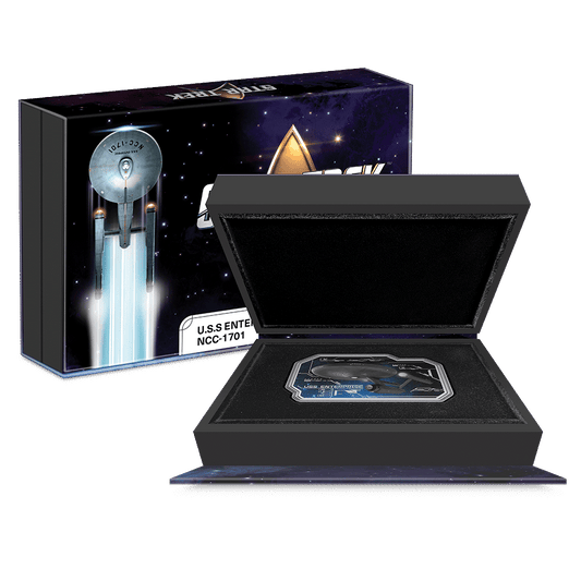 Star Trek Vehicles – U.S.S. Enterprise NCC-1701 1oz Silver Coin  Featuring Custom Packaging With Imagery and Velvet Insert to House the Coin.