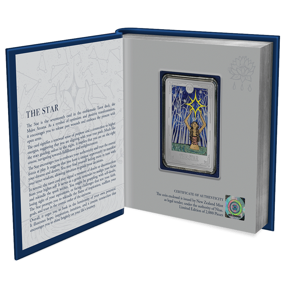 Tarot Cards – The Star 1oz Silver Coin Featuring Book-like packaging.