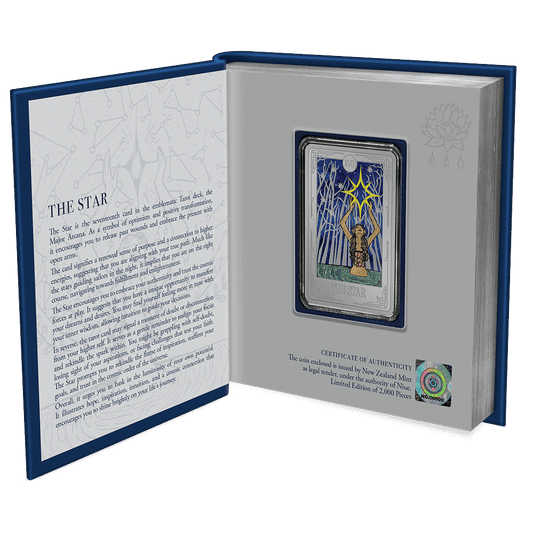 Tarot Cards – The Star 1oz Silver Coin Featuring Book-like packaging.