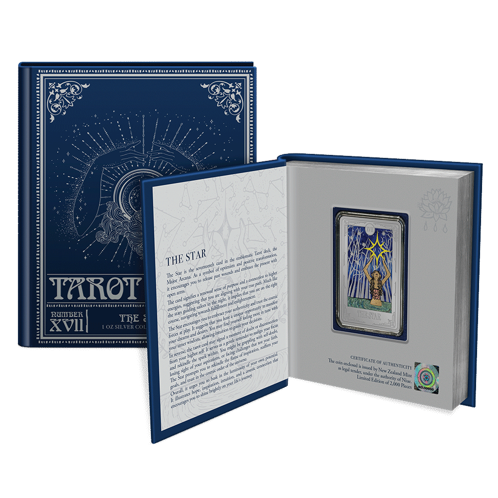 Tarot Cards – The Star 1oz Silver Coin Featuring Book-like packaging with the meaning behind the card on the inside cover.