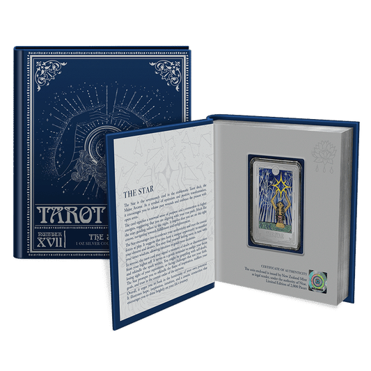 Tarot Cards – The Star 1oz Silver Coin Featuring Book-like packaging with the meaning behind the card on the inside cover.