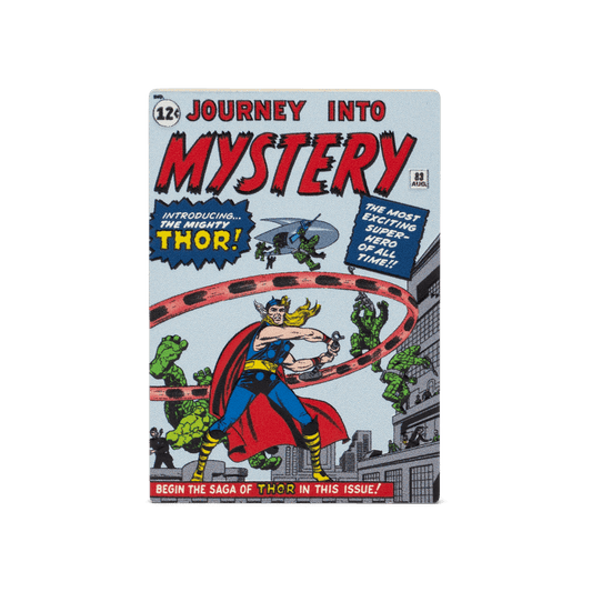 This 1oz pure silver COMIX™ Coin displays a coloured image of the cover of the 1962 comic book, Journey into Mystery #83. To mimic a comic book, it is crafted into a rectangular shape and coloured on all four sides to represent the spine and pages - New Zealand Mint. 