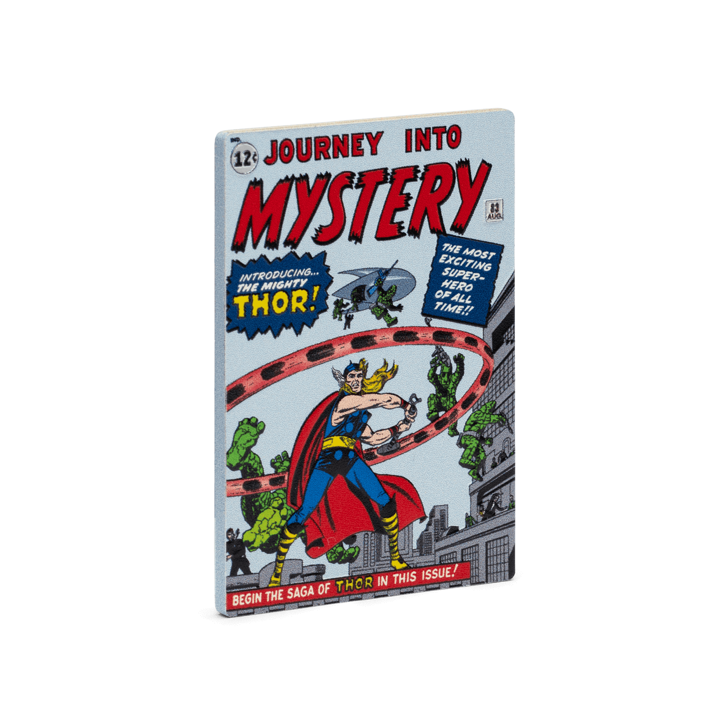 This 1oz pure silver COMIX™ Coin displays a coloured image of the cover of the 1962 comic book, Journey into Mystery #83. To mimic a comic book, it is crafted into a rectangular shape and coloured on all four sides to represent the spine and pages - New Zealand Mint. 