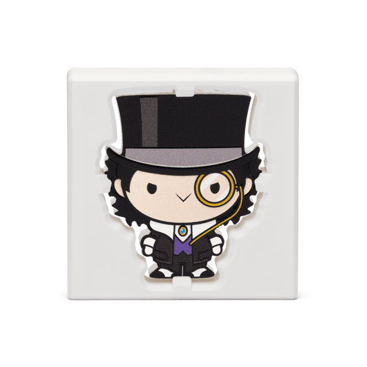 Gentleman of Crime, the PENGUIN™ brings his dark side on a 1oz pure silver Chibi® Coin. The design shows the PENGUIN wearing his classic tuxedo, top hat, monocle, white gloves, and spats — it’s got it all! Uniquely shaped and coloured.  - New Zealand Mint