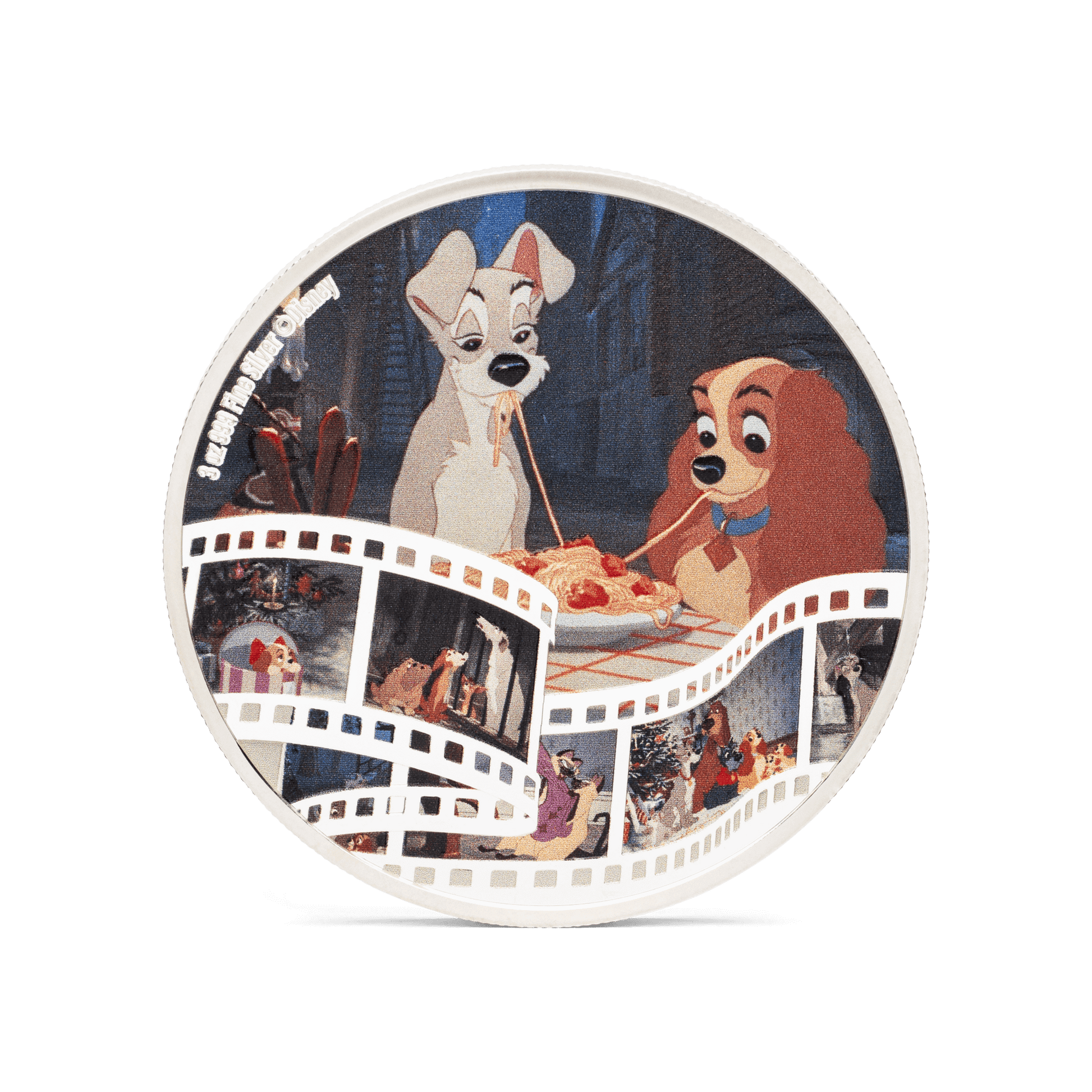 The coin shows a beloved scene, in full colour, where the two dogs are on a romantic evening and share a plate of spaghetti. Along the bottom is a film scroll, showcasing a lovely montage of all your favourite characters from the movie. - New Zealand Mint