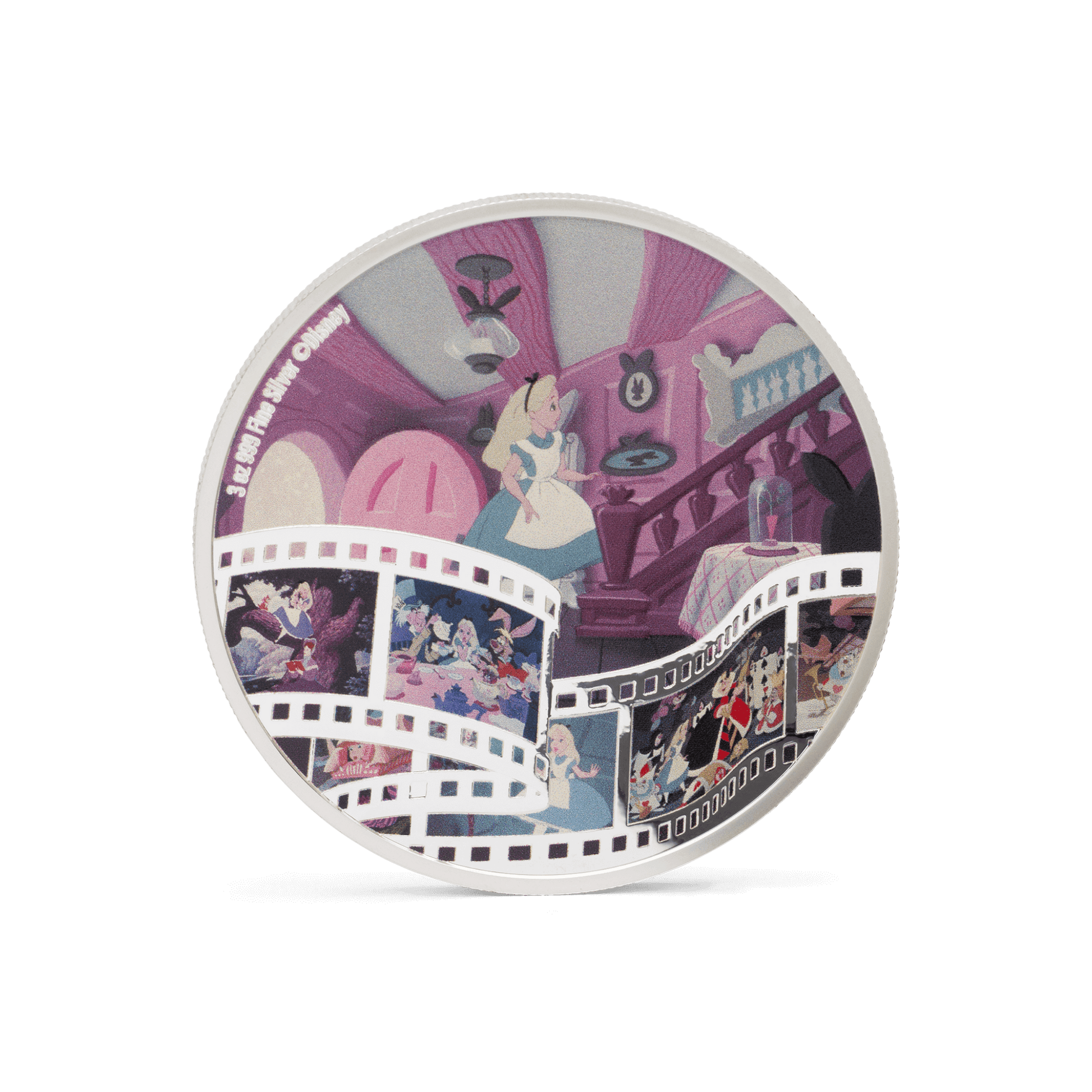 Stumble into the magical world of Disney’s 1951 classic, Alice in Wonderland with this 3oz pure silver coin! Delightful, coloured imagery, including the iconic scene from the film where Alice is entering the White Rabbit’s house. Only 2,000 available! - New Zealand Mint