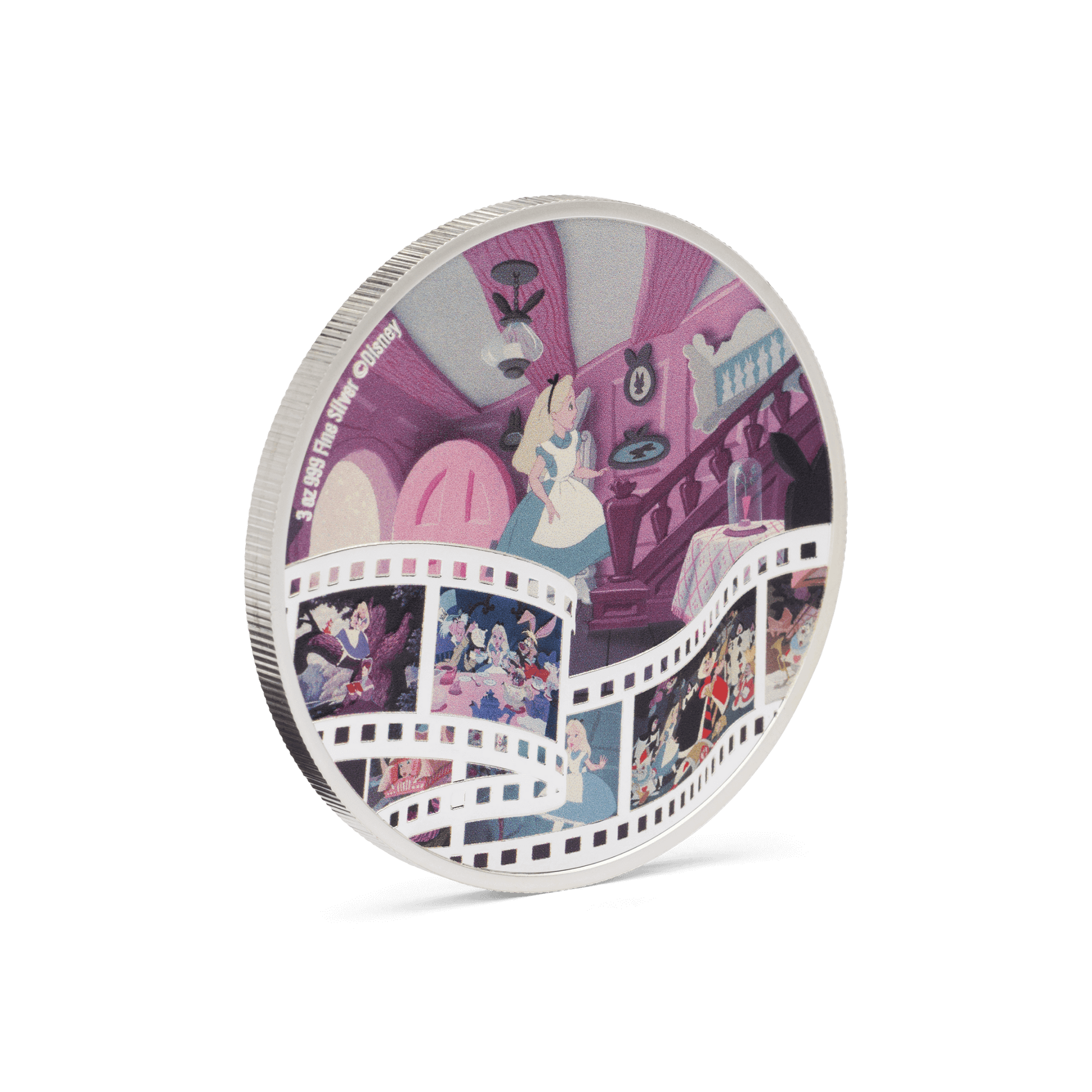 Stumble into the magical world of Disney’s 1951 classic, Alice in Wonderland with this 3oz pure silver coin! Delightful, coloured imagery, including the iconic scene from the film where Alice is entering the White Rabbit’s house. Only 2,000 available! - New Zealand Mint