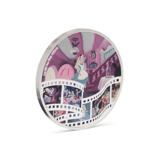 Stumble into the magical world of Disney’s 1951 classic, Alice in Wonderland with this 3oz pure silver coin! Delightful, coloured imagery, including the iconic scene from the film where Alice is entering the White Rabbit’s house. Only 2,000 available! - New Zealand Mint