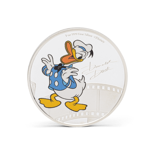 Disney’s Donald Duck is back on this officially licensed 1oz pure silver coin! Donald Duck is shown in colour wearing his classic sailor shirt and cap with a bowtie. His signature is engraved and frosted. Just 5,000 coins have been minted worldwide. - New Zealand Mint