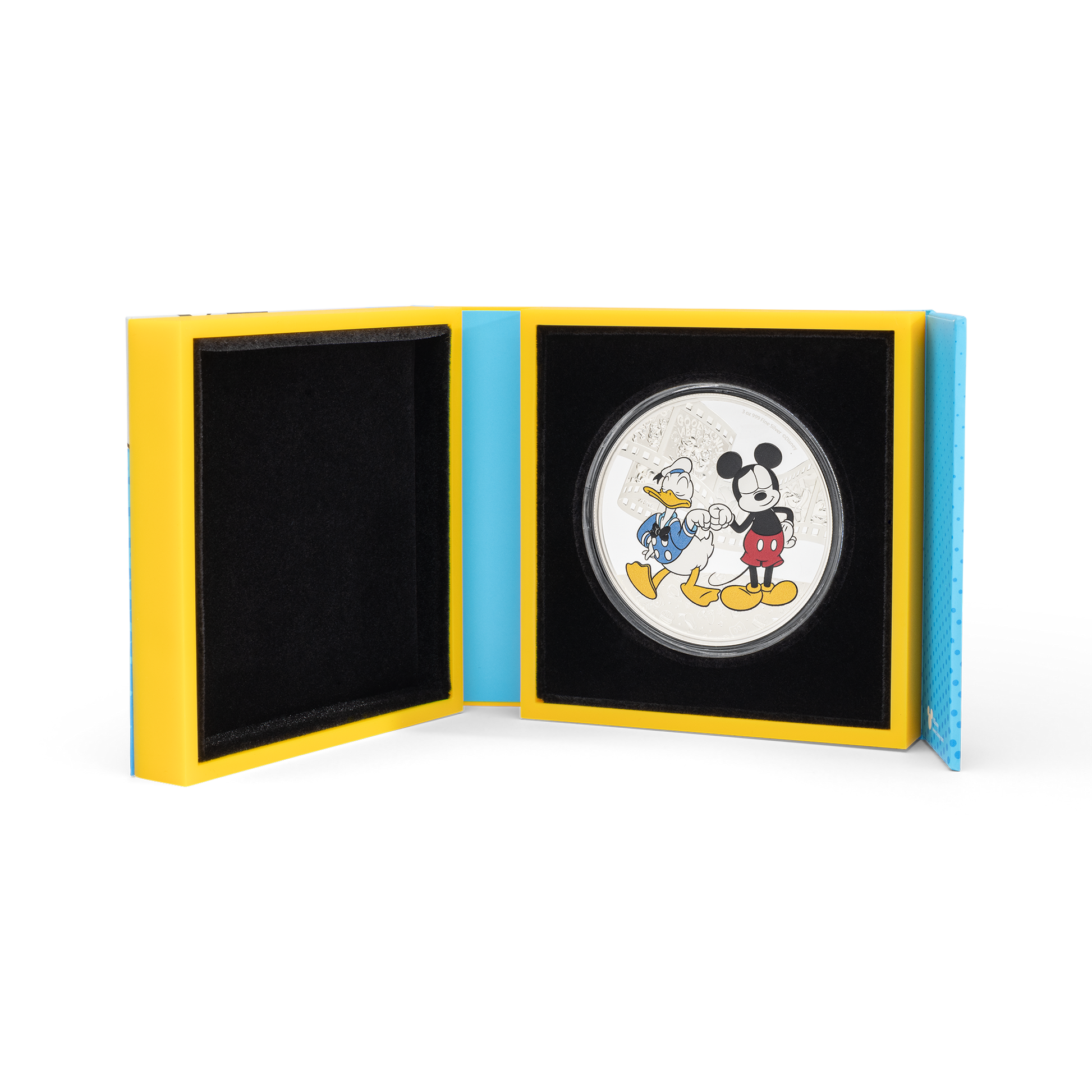 Add some bromance with this adorable 3oz pure silver coin for Disney’s Mickey Mouse and Donald Duck! Shows the two beloved best friends in colour, wearing their classic get-up and sharing a fist bump, which stands out against the mirrored background. - New Zealand Mint