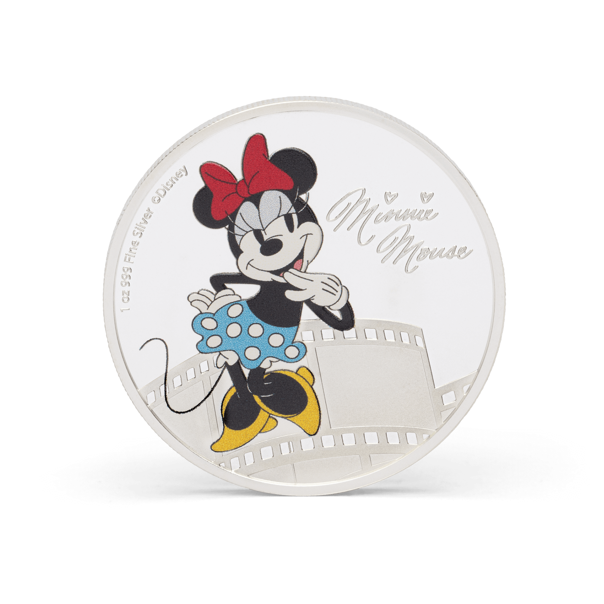 This 1oz pure silver coin features a mirror-finish background with Disney’s Minnie Mouse in colour, next to her engraved signature. She is shown striking a cute pose and wearing her classic bow, white gloves and polka dot skirt.