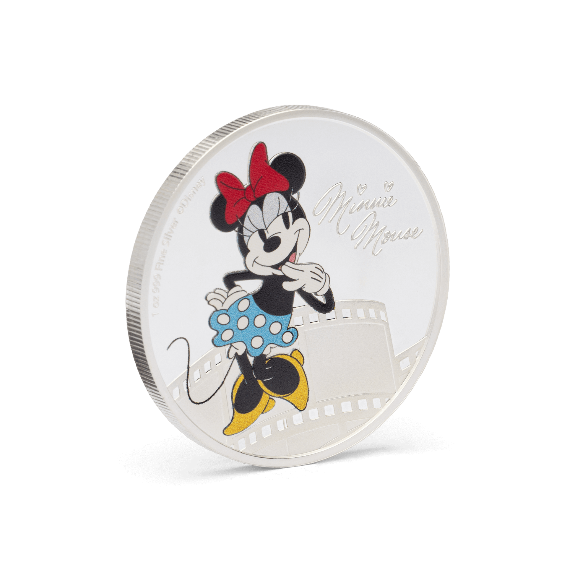 This 1oz pure silver coin features a mirror-finish background with Disney’s Minnie Mouse in colour, next to her engraved signature. She is shown striking a cute pose and wearing her classic bow, white gloves and polka dot skirt.