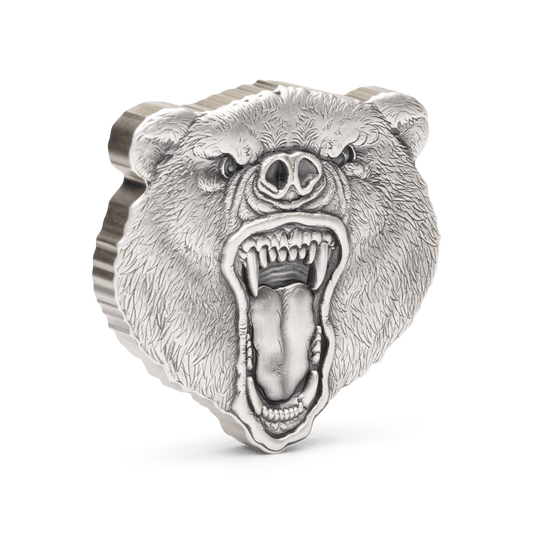 Shaped and struck from 2oz of pure silver, this exquisite coin displays a grizzly gears head, sporting a menacing roar to highlight the animal’s strength and ferocity. To make it even more impressive, a stunning antique finish has been applied - New Zealand Mint