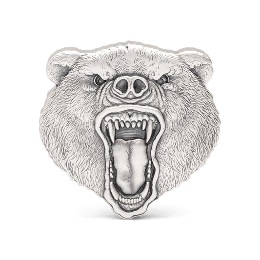 Shaped and struck from 2oz of pure silver, this exquisite coin displays a grizzly gears head, sporting a menacing roar to highlight the animal’s strength and ferocity. To make it even more impressive, a stunning antique finish has been applied - New Zealand Mint