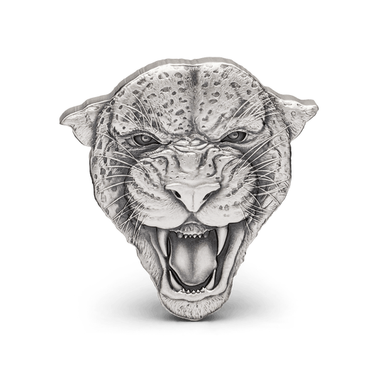 The elusive feline, the Leopard, features on this exquisite 2oz pure silver coin. Features the head of a leopard with its terrifying gaze and growl. The leopard’s facial features and spotted fur are depicted with a beautiful antique finish. - New Zealand Mint